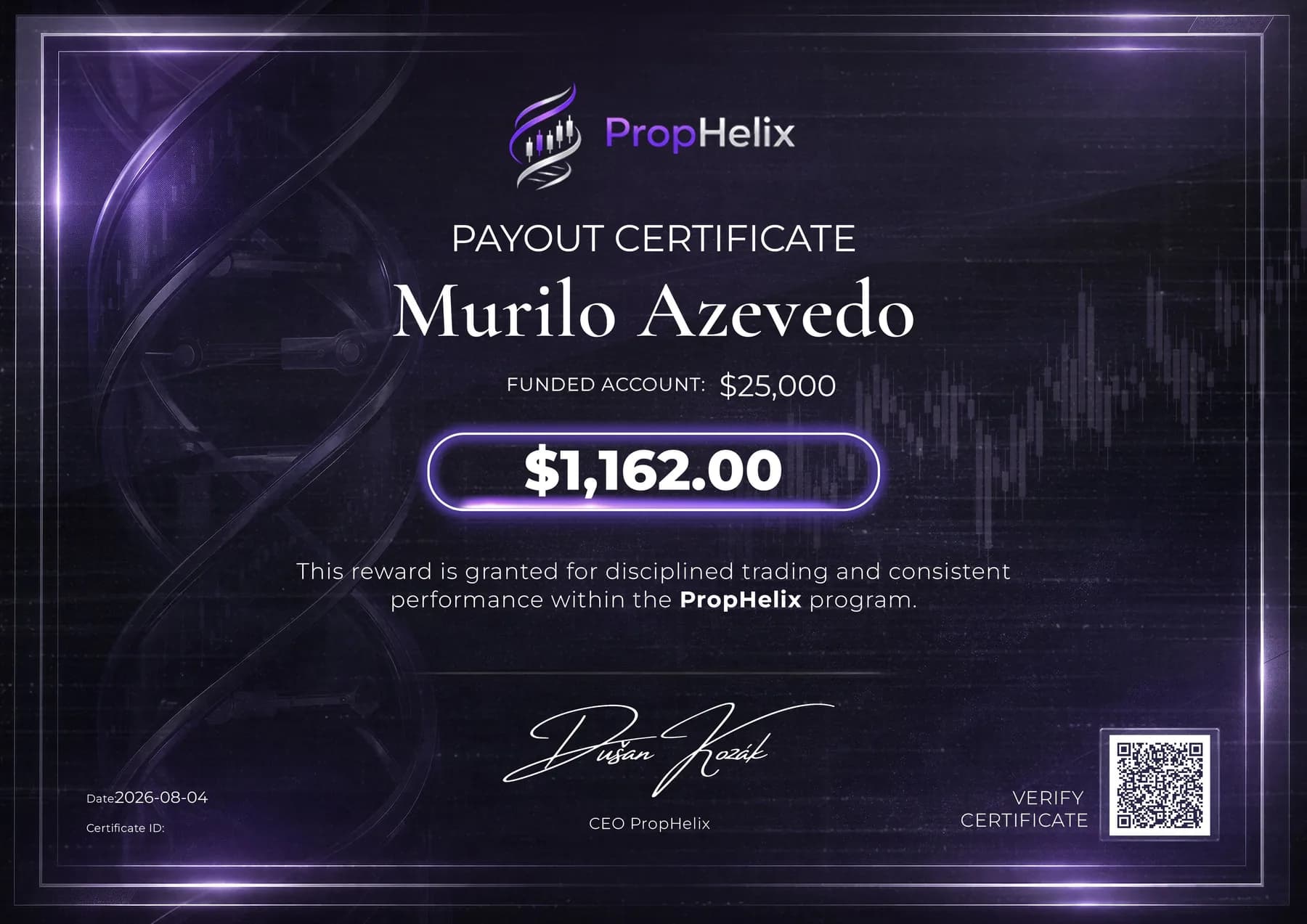 Sertifikat PropHelix yang diberikan kepada Murilo Azevedo